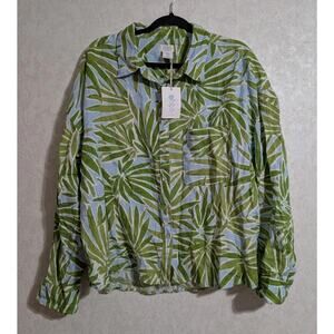 NWT Sigrid Olsen 100% Linen Button Down Palm Print Shirt Top Blouse 1X Women
